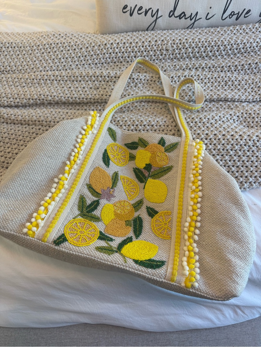 Yellow Lemon Embroidered Tote Bag - Women